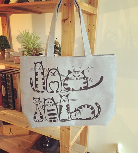 Cartoon Cats Printed Beach Zipper Bag Women Fashion Canvas Tote Shopping Handbags